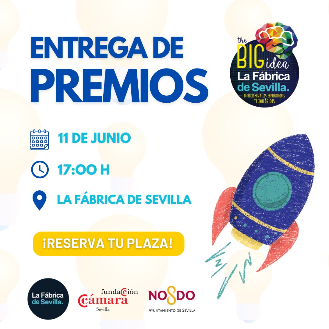 FabricaSevilla's tweet photo. 🏆 ¡Llega la entrega de premios de BIG Idea!

📅 11 de junio
⏰ 17:00 h
📍 La Fábrica de Sevilla

🍀 Mucha suerte a todos los finalistas y gracias a todos los estudiantes que han participado en esta edición de BIG Idea.

#BIGIdea #LaFábricaDeSevilla https://t.co/uVNQdhmNpf