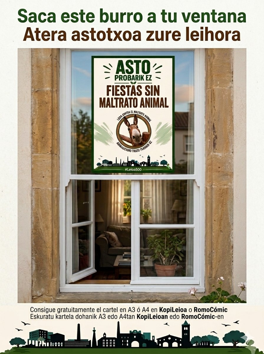 LeioaMaltrato's tweet photo. Te proponemos un nuevo reto: ¡Saca este burro a tu ventana! Recoge el cartel gratuitamente en KopiLeioa o RomoCómic y colócalo en tu ventana.
Queremos unas fiestas sin #maltratoanimal 
https://t.co/si3Koa0yj1 https://t.co/Iyl8FpbOe4