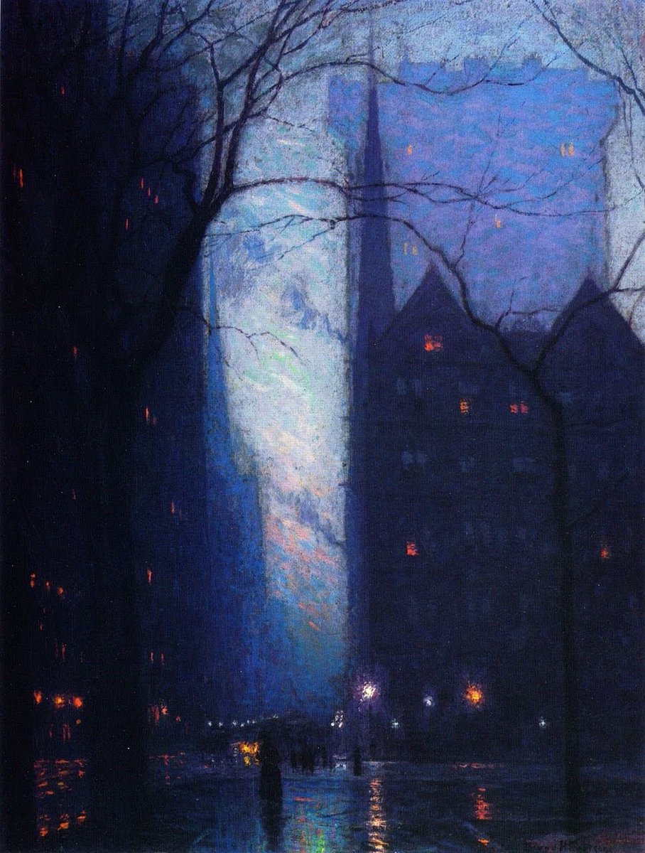 twilight_art's tweet photo. L.バージ・ハリソン《黄昏の五番街》1910年、デトロイト美術館 https://t.co/co2C4ZXsiZ
