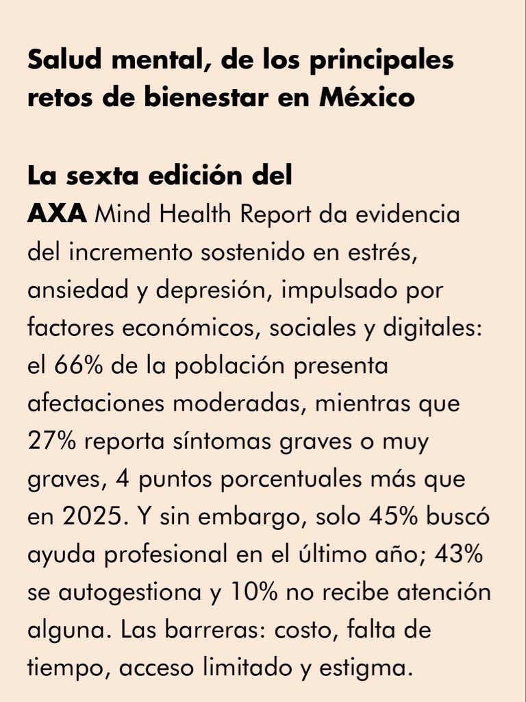 MaribelRCoronel's tweet photo. La salud mental empeora en México. El 66% de la población presenta afectaciones moderadas y 27% síntomas graves o muy graves, 4 puntos más que en 2025, según AXA. Aunque 71% ha usado inteligencia artificial como apoyo emocional, 3 de cada 10 usuarios reportan recomendaciones incómodas o perjudiciales.

https://t.co/SPEXdoUZWx
