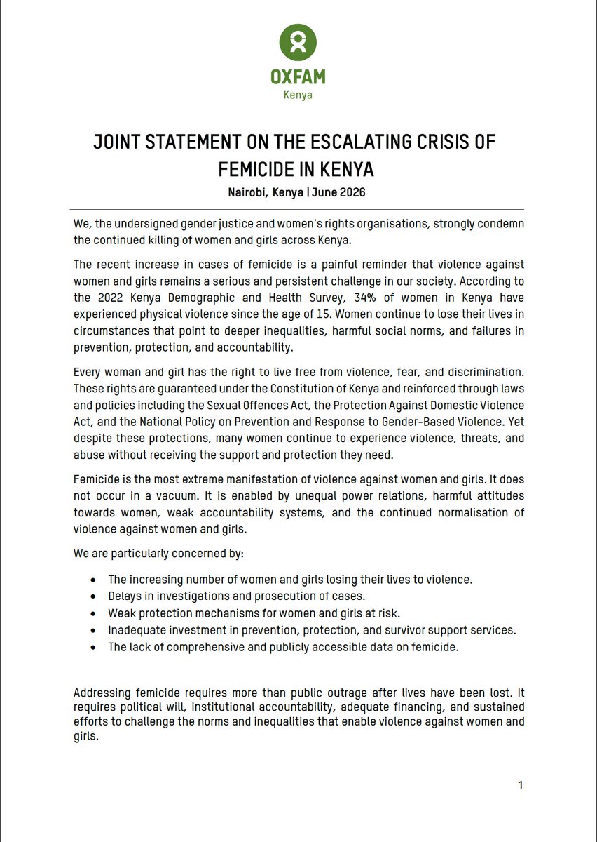 oxfamkenya's tweet photo. The continued loss of women and girls to violence cannot become normal.

Together with fellow women's rights and gender justice organisations, we are calling for urgent action to address the escalating femicide crisis in Kenya. Every life lost is a tragedy.

Our joint statement. https://t.co/6cXKRifuae