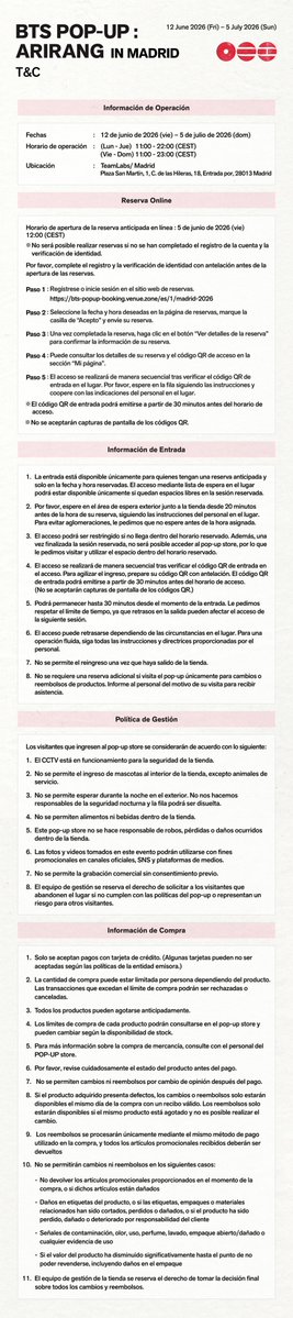 KPOPMERCH_POPUP's tweet photo. BTS POP-UP : ARIRANG IN MADRID

📢DETAILED INFORMATION

📅12 June 2026 (Fri) – 5 July 2026 (Sun) 
⏰(Mon-Thu) 11:00 - 22:00 (CEST)
     (Fri-Sun) 11:00 - 23:00 (CEST) 
📍TeamLabs/ Madrid

#BTS #방탄소년단 #BTS_ARIRANG
#BTS_POPUP https://t.co/osyuYRhn0h