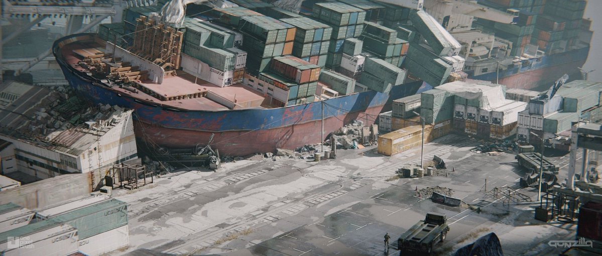 onepixelbrush's tweet photo. More Cargo Crane area concepts for #OffTheGrid 🚢 Someone took "docking" a BIT too literally. The ultimate parking strategy to cash in that insurance money :) Thank you Gunzilla &amp; Nikolas Gekko!

CA: Daniele Solimene
CD: Shaddy Safadi

#ConceptArt #ScifiArt #Cyberpunk #Blender https://t.co/9g5L8gaZps
