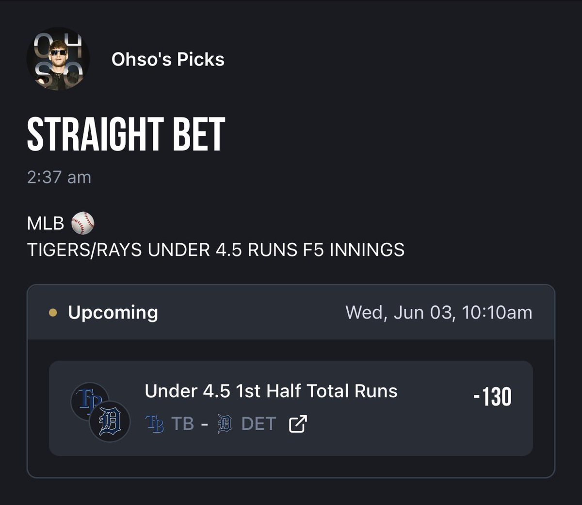 Ohsospicks's tweet photo. #LOCKOFTHEDAY 🔒🏆

TIGERS/RAYS UNDER 4.5 F5 INNINGS

#MLB #RAYS #TIGERS #LOCK https://t.co/QaNitplPY7