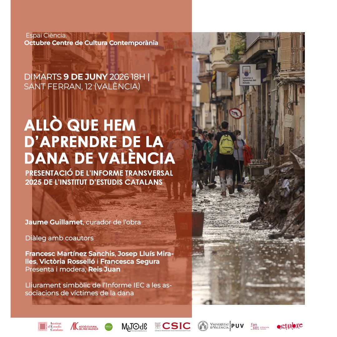 AccioCulturalPV's tweet photo. 📢L’ @OctubreCCC acull la presentació “Allò que hem d’aprendre de la DANA de València”
🗓 9/6 | 🕕 18h

A l’acte es debatrà amb experts i es lliurarà l’informe IEC a les associacions de víctimes. Aquest és clau per entendre les causes de la catàstrofe i previndre’n de noves.🌧️🌍 https://t.co/rtzLBVBVOf