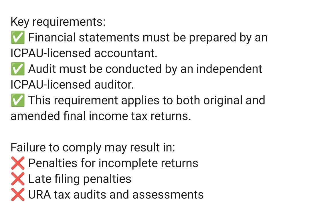 piusogwall's tweet photo. ⚠️ URA and Tax Compliance Alert for Businesses &amp; Partnerships ⚠️

If your annual turnover is UGX 500 million or more, tax laws require that you to submit audited financial statements together with your annual income tax return under Section 16(5) of the Tax Procedures Code Act. https://t.co/6nPYd32rD6