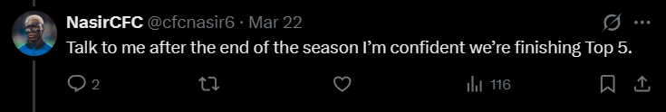 AgentB_162's tweet photo. @FrankEra_ @cfcnasir6 Hey :)))))) Big mouth. Have fun sleeping all midweek-nights next season https://t.co/1cyKGoNeiD