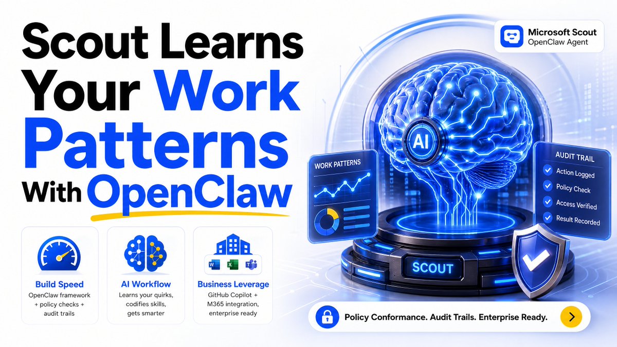 ekcheungAI's tweet photo. 🚀 Microsoft just shipped Scout — OpenClaw's chaotic agent DNA, now inside Office 365.

This is the real enterprise agent play. Not a chatbot. A persistent, learning assistant that adapts to your quirks.

1️⃣ Name it, train it — it remembers your patterns and builds skills over time
2️⃣ Pre-built skills (calendar, agenda) + you can create your own
3️⃣ Policy conformance system with audit trails — no runaway agent nightmares

Operator takeaway: The deeper you train it, the stickier it gets. That’s the lock-in.

What’s the first task you’d hand over to your agent? ⚡