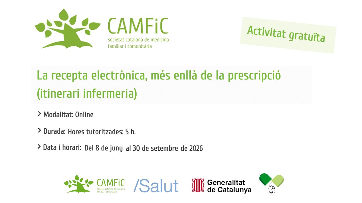 AIFICC's tweet photo. 📚 #Formació recomenada:
"La recepta electrònica, més enllà de la prescripció (itinerari infermeria)"

Curs organizat per la @CAMFiC.

📆 8 de juny al 30 de setembre de 2026
🖥️  Modalitat en línea i gratuït ❗

Mes informació: https://t.co/aJua2RIm3m https://t.co/AZYfmjc7XX