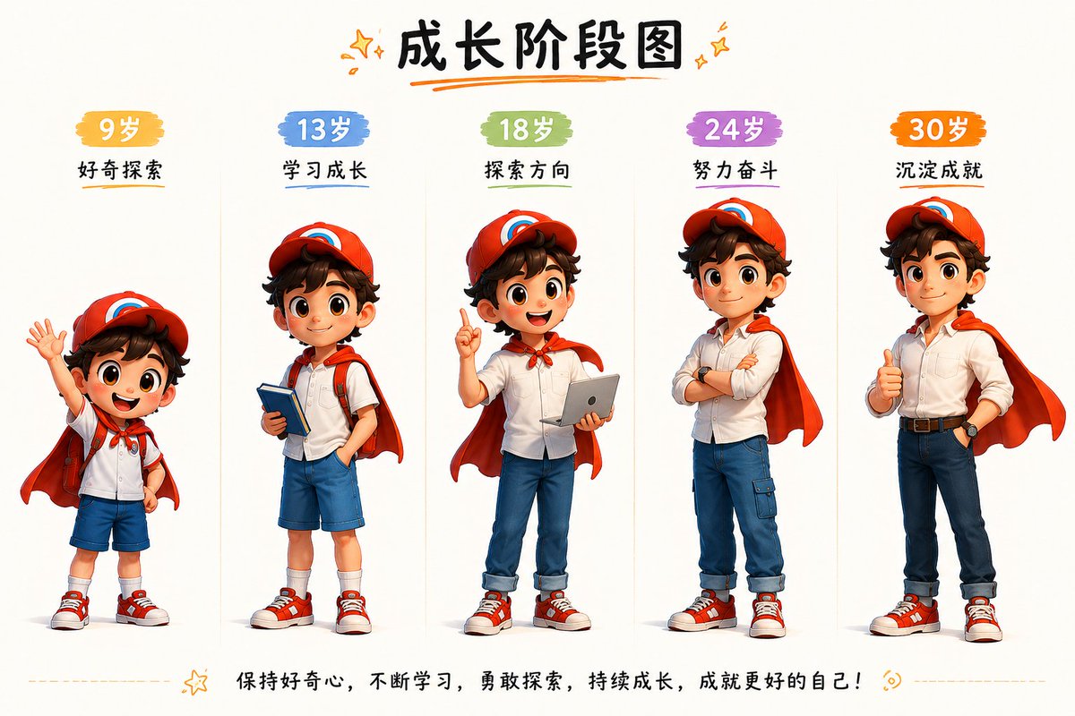 _AIBOZ_'s tweet photo. 我用 GPT-Image-2 给自己生成了完整的角色 IP，确实不错

✅角色设定表
✅ 正侧背视图
✅表情包
✅动作演示
✅道具
✅年龄成长阶段（9 → 30岁） https://t.co/P3VvyXsZHU