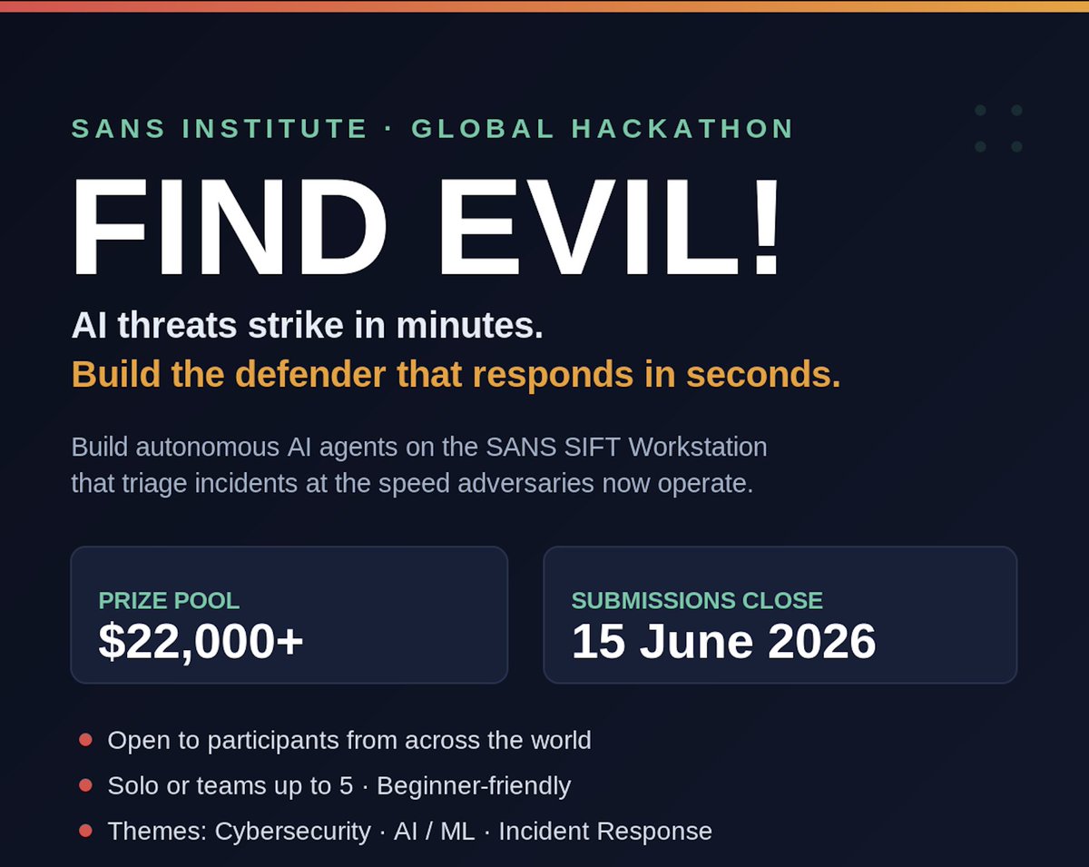 BitscoreIN's tweet photo. AI attackers now go from first access to full domain control in under 8 minutes. The fastest human responder is still opening their toolkit.

That gap is the most dangerous problem in cybersecurity right now — and I'm proud to be a Judge for FIND EVIL!, the global SANS Institute hackathon built to close it.

The challenge from Rob T. Lee is simple to state and hard to solve: build autonomous AI agents on the SANS SIFT Workstation that can triage, correlate and report at the speed adversaries now operate. Teach an agent to think like a senior analyst — to sequence its approach, notice when something doesn't add up, and self-correct when it's wrong.

What makes me genuinely excited is who this is for. You don't need to be an incident response expert. The SIFT Workstation handles the domain tooling. Whether you're a security professional, an AI/ML engineer, a student, or an open-source contributor, there's a seat at this table.

A few things worth knowing:

🌍 Open to participants from across the world
💰 $22,000+ in prizes
🗓️ Submissions close 15 June 2026
🛡️ Themes: Cybersecurity · AI/ML · Beginner-friendly
🤝 Solo or teams up to 5

This is a rare chance to put the entire practitioner community on a defensive problem at once. Wherever you are, whatever your background, I'd love to see what you build.

Register and learn more: https://t.co/x1TJlsQEpj

#CyberSecurity #AI #IncidentResponse