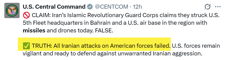 chrismartenson's tweet photo. CENTCOM yesterday:  ALL Iranian attacks failed. 

ACTUAL TRUTH:  Images today show a clean, accurate hit on what is described as a drone shelter. https://t.co/Baw85B71zc