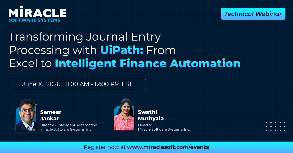 miraclesoft's tweet photo. Improving finance operations requires more than task automation.
Explore how UiPath enables intelligent journal entry processing with validation and orchestration.
Register Now! https://t.co/VEZ7TS6qcQ
#UiPath #FinanceAutomation #RPA #MiracleSoftwareSystems https://t.co/NnyIbxT310