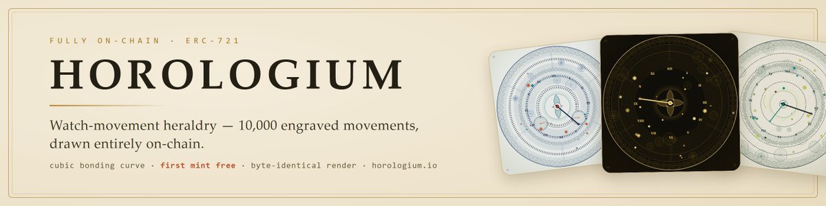 horologium_nft's tweet photo. HOROLOGIUM - 10,000 mechanical watch movements, drawn 100% on-chain. ⏳ No IPFS. No servers. No API. The SVG is generated inside the contract itself and rendered straight from Ethereum - forever. Every trait provably on-chain. 5,000+ minted. 
https://t.co/x0O6ieeKFd
https://t.co/02b22j0sXR