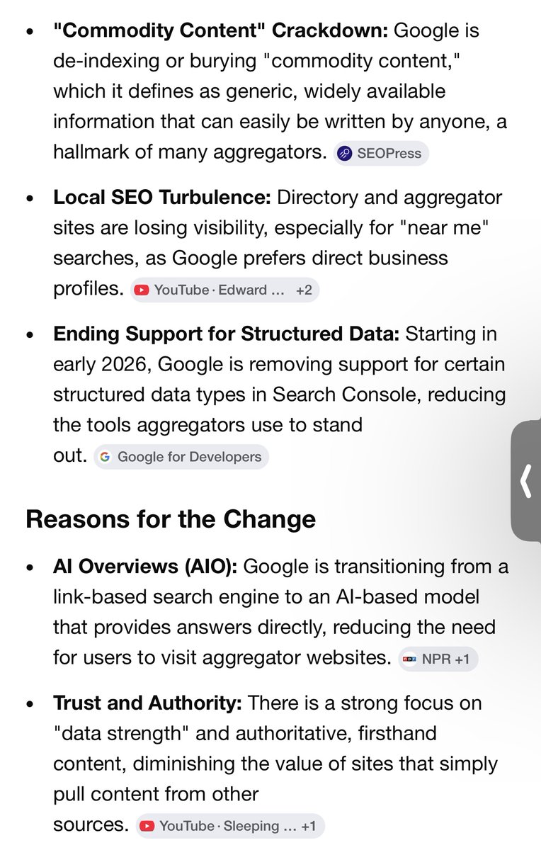 FlohCreative's tweet photo. My thought is site owners mostly don’t understand or know how to interpret the data; same as it ever was.

Right now is the best time for brands to “catch up”, reclaim their authority, and gain visibility. Adding markdown and schema for core pages, not just product data, is essentmail. 

In addition to providing a way to measure AI visibility, Google admitted they are deboosting aggregator traffic by no longer supporting structured data tools those sites rely upon to game your site traffic. 

And one more change to strategize with; every Google AI search result becomes an article published and can be linked too. Long-tail keywords become living links. 

Google's AI Search Mode allows you to generate shareable public links for your queries and conversations.

Adding info pulled from Google AI Mode with the query “Google becoming less supportive of aggregator platforms” for example along with screen shots for validation.

https://t.co/NWICStAg7O