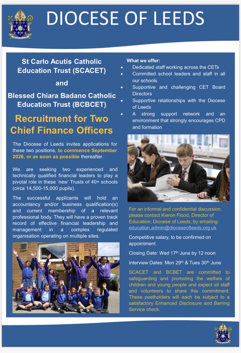 CatholicEdLeeds's tweet photo. A great opportunity to work as CFO in the Diocese of Leeds in one of our new Catholic Education Trusts. https://t.co/wU45RaA5I8