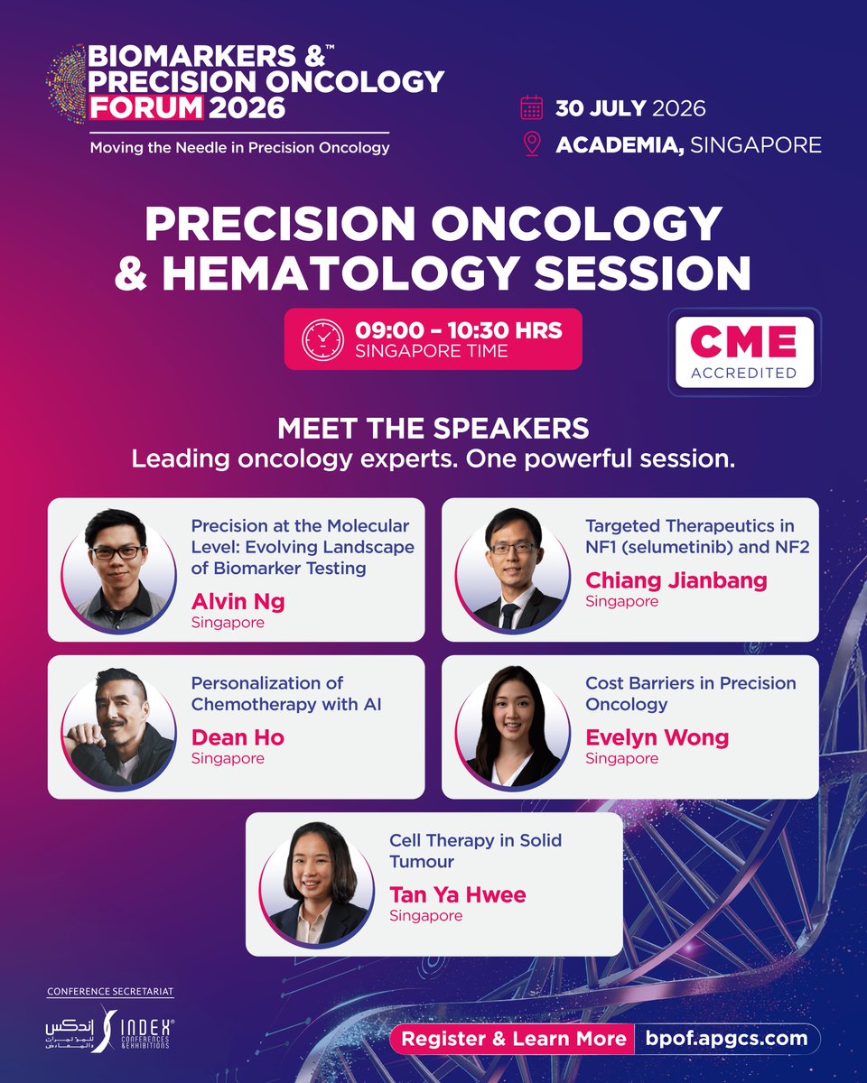 precisiononco's tweet photo. 🔬 BPOF 2026 — Precision Oncology &amp; Hematology Session

Biomarker testing, NF1/NF2 therapeutics, AI in chemo, cell therapy in solid tumours.

📅 30 July | 📍 Singapore | ✅ CME
Where data meets the human it heals.
🔗 https://t.co/MGXDixd363

#BPOF2026 #PrecisionOncology https://t.co/S5wReEpAnH