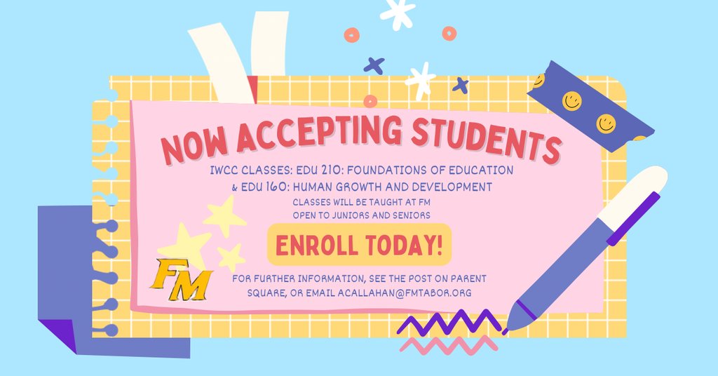 FMCSDKnights's tweet photo. We are excited to announce a couple opportunities for students to take college classes at FM! 
EDU 160 and EDU 210 are open to juniors and seniors thinking of pursuing careers in the education and/or healthcare fields. 
For more info please reach out to acallahan@fmtabor.org https://t.co/kS64EkNkvx