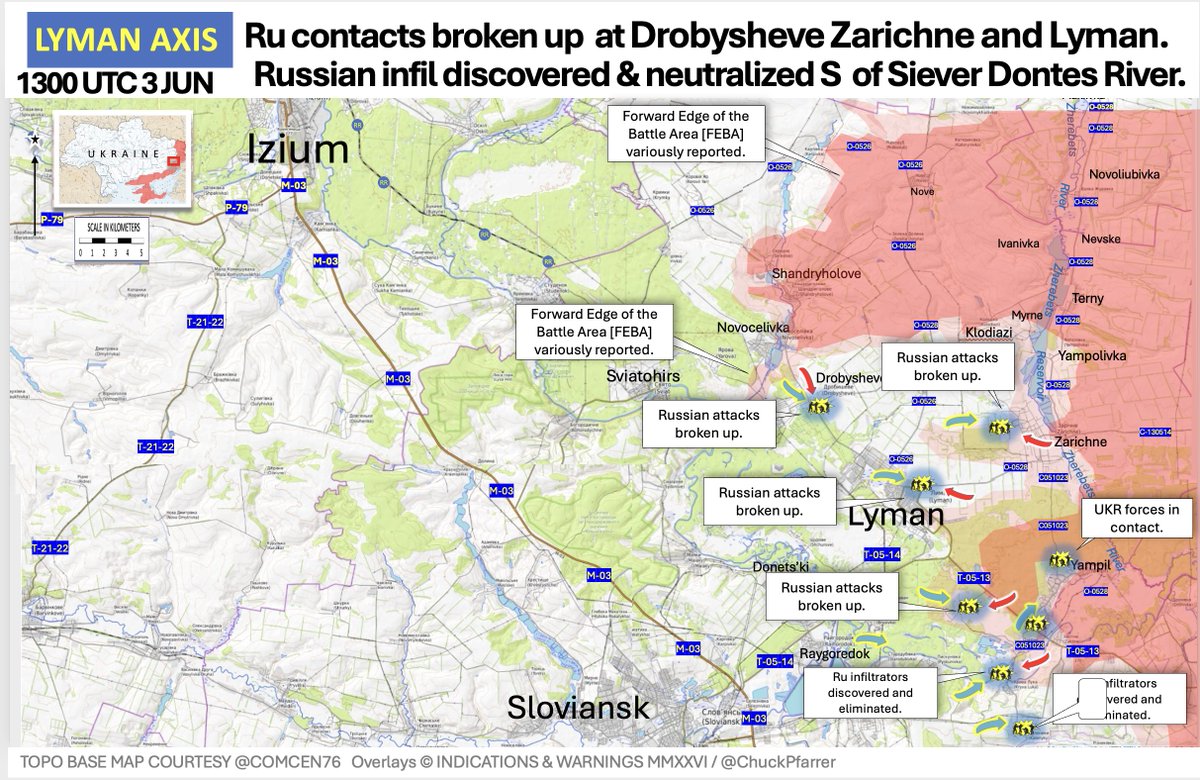 ChuckPfarrer's tweet photo. LYMAN:  During the 1-3 JUN reporting period fourteen Ru assaults were broken up  near Kopanky, Novo-mykhailivka, Drobysheve, Zarichne, Lyman itself, Ozerne, Yampil, Dibrova.  Geo-located video refutes claims of advances proximate to Staryi, Karavan &amp; Brusivka. https://t.co/ky8Yl20lPd