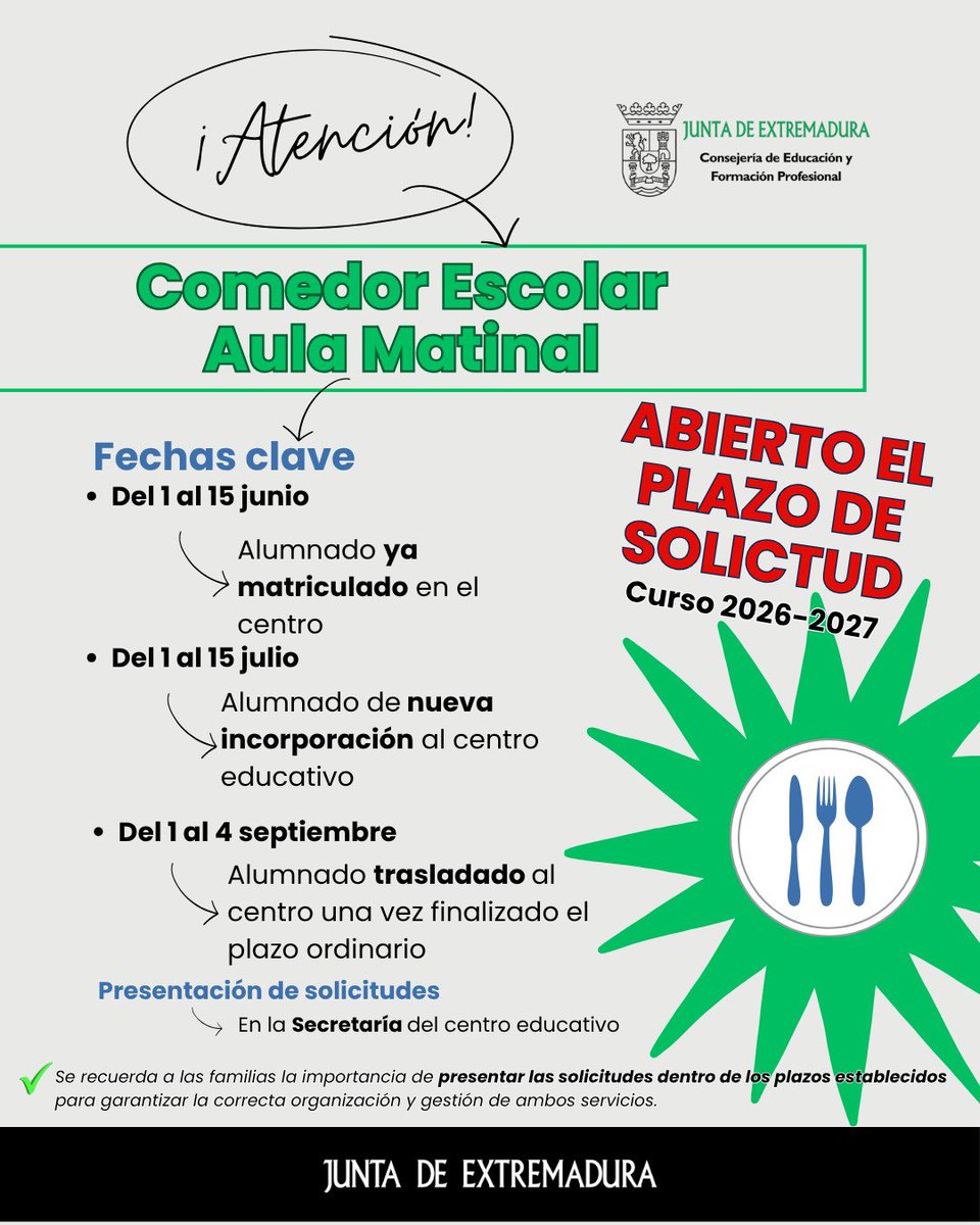 educacionEXT's tweet photo. 🗓️ 𝐀𝐛𝐢𝐞𝐫𝐭𝐨 𝐞𝐥 𝐩𝐥𝐚𝐳𝐨 𝐝𝐞 𝐬𝐨𝐥𝐢𝐜𝐢𝐭𝐮𝐝 𝐩𝐚𝐫𝐚 𝐥𝐨𝐬 𝐬𝐞𝐫𝐯𝐢𝐜𝐢𝐨𝐬 𝐝𝐞 𝐂𝐨𝐦𝐞𝐝𝐨𝐫 𝐄𝐬𝐜𝐨𝐥𝐚𝐫 𝐲 𝐀𝐮𝐥𝐚 𝐌𝐚𝐭𝐢𝐧𝐚𝐥 𝐩𝐚𝐫𝐚 𝐞𝐥 𝐩𝐫𝐨́𝐱𝐢𝐦𝐨 𝐜𝐮𝐫𝐬𝐨 𝐞𝐬𝐜𝐨𝐥𝐚𝐫 𝟐𝟎𝟐𝟔/𝟐𝟎𝟐𝟕.⤵️ https://t.co/Cs66eePCXi