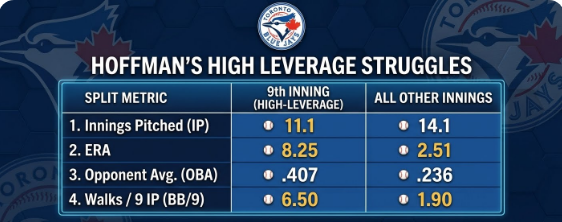 JaysClubhouse's tweet photo. Jeff Hoffman: Just Not the 9th 

Outside of the 9th inning, Hoffman has been excellent, a high-strikeout setup weapon for the #BlueJays,with 45 K’s in just 25.2 innings, a 15.8 K/9 strikeout rate - 3rd highest in MLB. Over 14.1 innings, has a 2.51 ERA and a stifling 1.90 BB/9, limits hard contact, fills the zone, and holds opponents to a .236 average. 🔥

The 9th Inning Wall: As a closer, his command collapses - in 11.1 IP, his walk rate triples to 6.50 BB/9, his ERA is 8.25 and opponents torch him for a .407 batting average. 😶