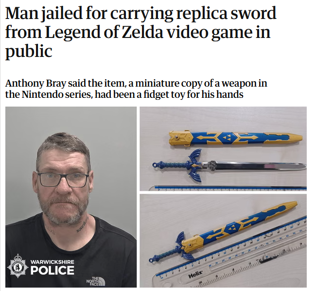 Templarpilled's tweet photo. You will go to jail for owning a miniscule video game sword replica in the UK. 

But if you're a foreigner, you will be exempt from the law entirely. https://t.co/LCkhv50Y2O