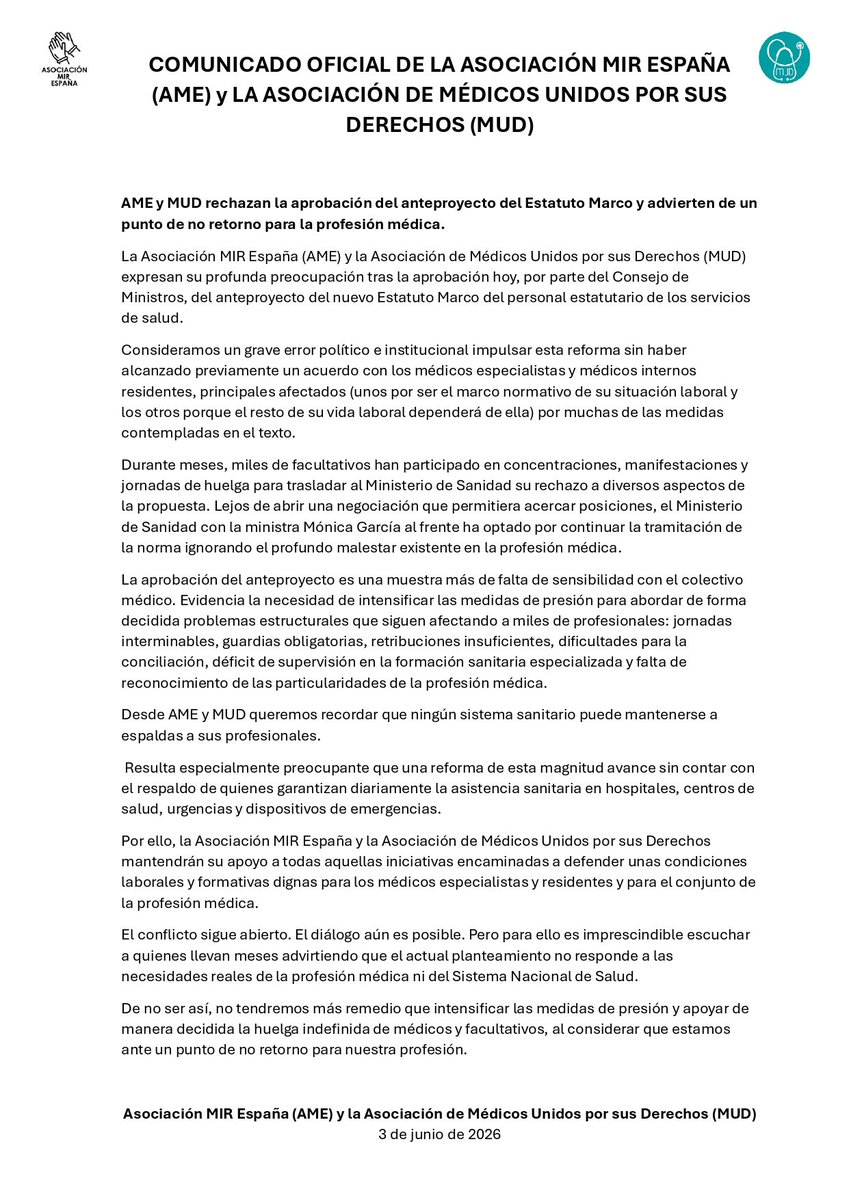 AsociacionMIRe's tweet photo. ⚠️🔊 COMUNICADO AME-MUD.

Rechazo a la aprobación del anteproyecto del Estatuto Marco.

Hemos llegado a un punto de no retorno para la profesión médica https://t.co/re55rG9AK0