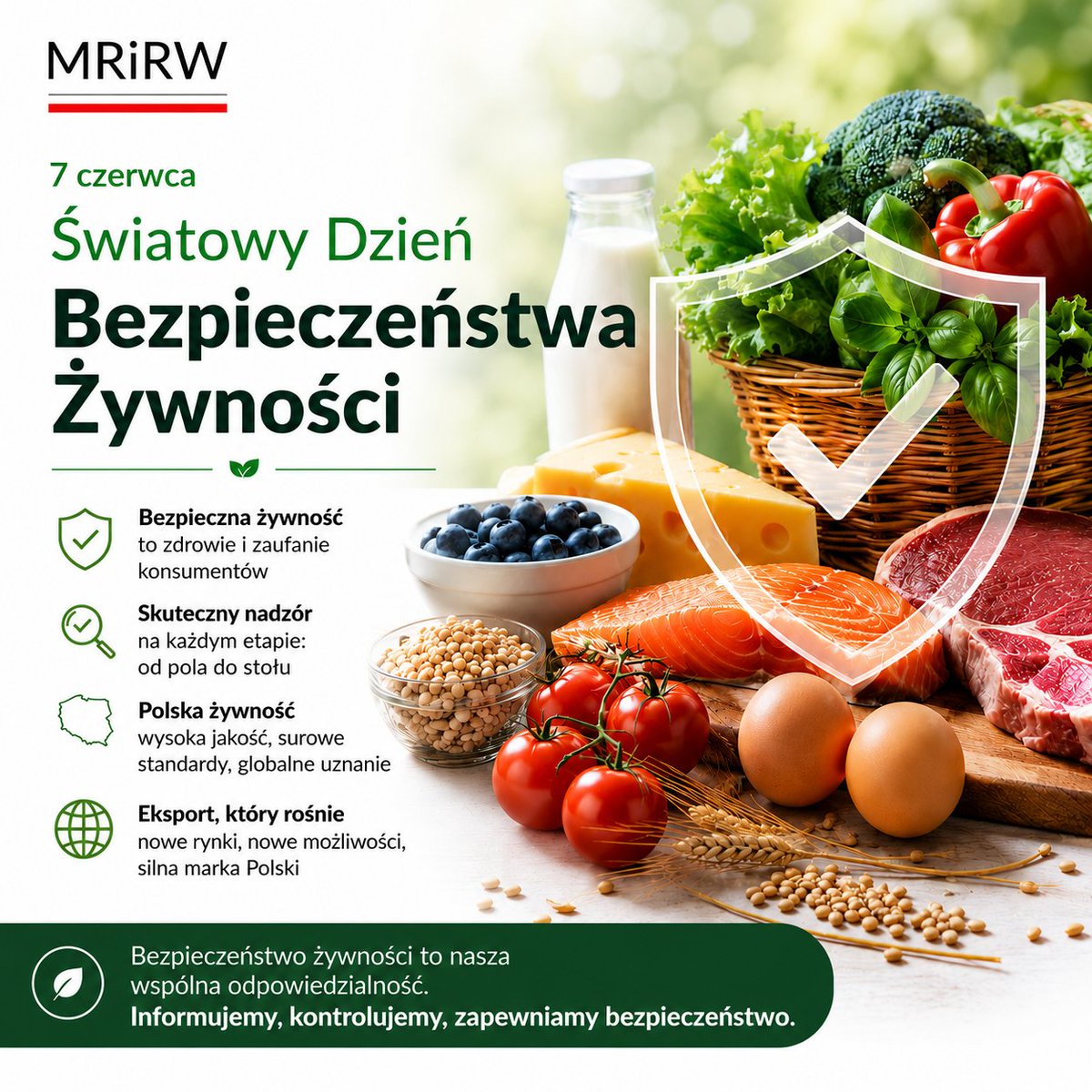 MRiRW_GOV_PL's tweet photo. 🥦🔬 Światowy Dzień Bezpieczeństwa Żywności! 🇵🇱 🇪🇺

Polska żywność trafiająca na rynek krajowy oraz zagraniczny jest w pełni bezpieczna dla konsumentów. Nadzór nad jej jakością i strukturą kontroli „od pola do stołu” sprawują inspekcje podległe #MRiRW : Inspekcja Weterynaria, IJHARS oraz Państwowa Inspekcja Ochrony Roślin i Nasiennictwa, a także Państwowa Inspekcja Sanitarna.
Co warto wiedzieć o systemie kontroli?

✅ Ponad 35 tysięcy próbek rocznie – tyle materiału od zwierząt, pasz czy produktów rolniczych bada sama Inspekcja Weterynaryjna.
✅ Ponad 250 związków pod lupą – laboratoria sprawdzają obecność m. in. antybiotyków, metali ciężkich czy pestycydów. Odsetek jakichkolwiek niezgodności od lat utrzymuje się na minimalnym poziomie.

Bezpieczeństwo przekłada się bezpośrednio na wyniki handlowe. W 2025 roku wartość eksportu towarów rolno-spożywczych osiągnęła rekordowy poziom 58,4 mld euro (wzrost o 8,6% rok do roku).
Polskie standardy zyskują uznanie na całym świecie, co upraszcza procedury i otwiera nowe rynki. W ostatnich miesiącach aż 27 polskich zakładów uzyskało dostęp m. in. do Korei Południowej, Kuby, Brazylii czy Uzbekistanu, a rynek Filipin otworzył się na polską wieprzowinę i wołowinę.

Dzisiejsze święto to idealny moment, aby podziękować tym, bez których ten sukces nie byłby możliwy.
Dziękujemy polskim rolnikom i producentom za Waszą odpowiedzialność, codzienny trud i dbałość o najwyższe standardy na każdym etapie produkcji. Dziękujemy również inspektorom oraz pracownikom laboratoriów za Wasz profesjonalizm i całodobową straż nad bezpieczeństwem naszych konsumentów.
To dzięki Waszej wspólnej pracy, #ProduktPolski to synonim zdrowia, bezpieczeństwa i najwyższej jakości. 👑🌾