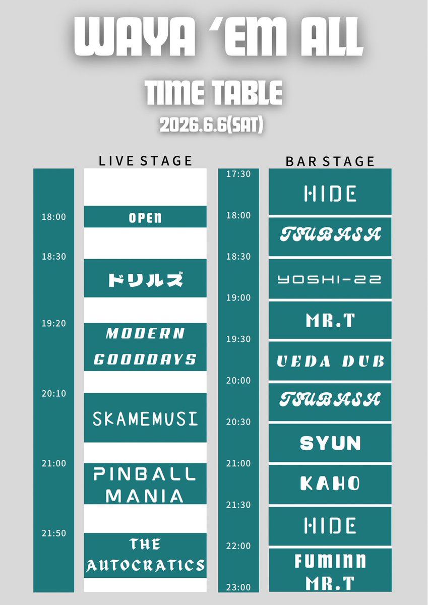 kcasapporo's tweet photo. 【タイムテーブル公開】
"WAYA ’EM ALL"
-THE AUTOCRATICS "No Time To Waste!" Release Tour-
2026年6月6日(土)
START17:30
ADV.3,400(D別)

-ACT-
THE AUTOCRATICS
PINBALL MANIA
SKAMEMUSI
MODERN GOODDAYS
ドリルズ

DJ:DRINK ‘EM ALL SAPPORO &amp; WAYA SKA

-TICKET予約-
https://t.co/Ow6Wji5n0f https://t.co/lBCjtDWdBA