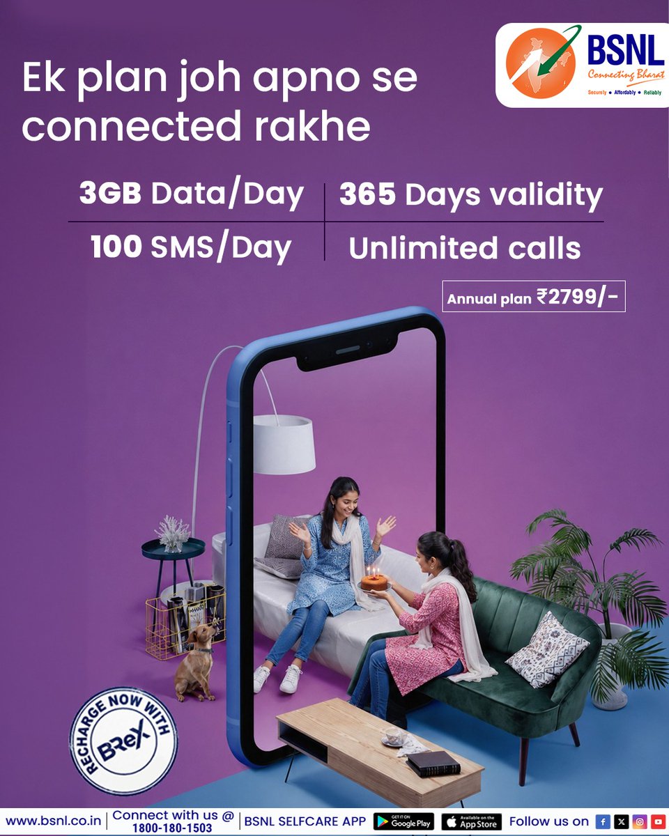 BSNLCorporate's tweet photo. Full year communication is sorted.

Get 3GB/day data, unlimited calls, 100 SMS/day & 365 days validity  all with the ₹2799 plan.

Recharge smart via #BReX
👉 https://t.co/tag6wTKljh

#BSNLIndia #StayConnected #InternetForEveryone #DigitalLife #IndiaOnline #BSNLServices #SmartIndia #EverydayConnectivity #2799Plan #connected @CMDBSNL @robertravi21