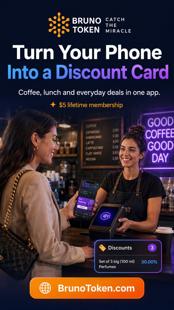 token_brun35000's tweet photo. Turn everyday discounts into member benefits.

With Bruno Token, members can access partner discounts, while activated members can also receive BRTC bonuses as added value.

BRTC has a fixed supply of 21,000,000.

Get discounts.
Use the app.
Unlock member benefits.
https://t.co/PgoxVggUTq
Telegram: https://t.co/nmvk4WrfAJ
Discord: https://t.co/zQeAPQBbxe