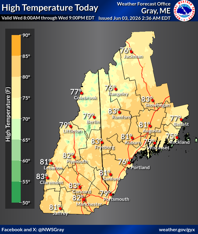 NWSGray's tweet photo. Good morning!  A warmer day is expected today with high temperatures into the lower 80s.  Enjoy the sunshine! #NHwx #MEwx https://t.co/XmvDNCIKPm