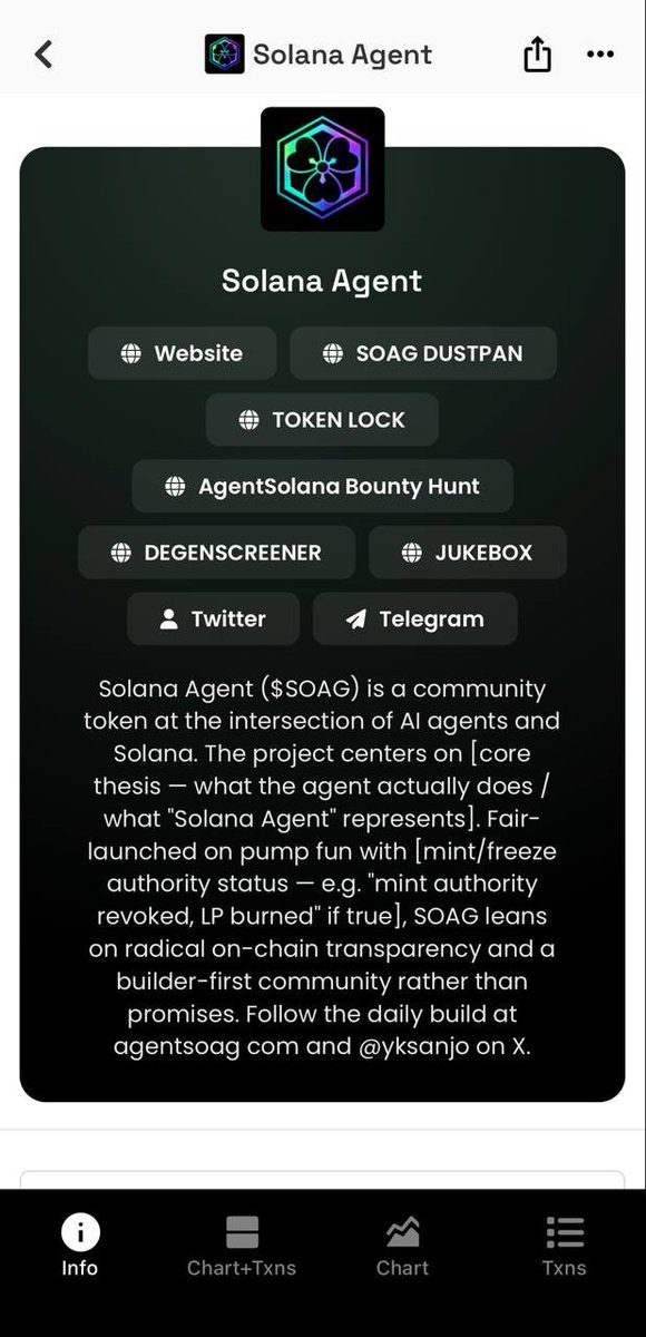 ROBIN404e's tweet photo. 🔥 **SOLANA AGENT $SOAG IS CALLING ALL DEGENZ** 🔥

AI Agents + Solana = next 100x playground 

Radical on-chain transparency ✅  
Mint/Freeze revoked + LP burned ✅  
Builder-first community cooking daily 

This ain’t another meme — this is the real intersection of AI agents on Solana.

https://t.co/C9Fkm7XvoG  
@yksanjo (dev)  @AGENTSOAG 

Who’s loading bags before we fly? 
$LFG $SOAG 

#SOAG #Solana #AIAgents
$soag 
ADue87cPcDhsyGq2hrDsukp7j8AFTSnaYHSanDATpump