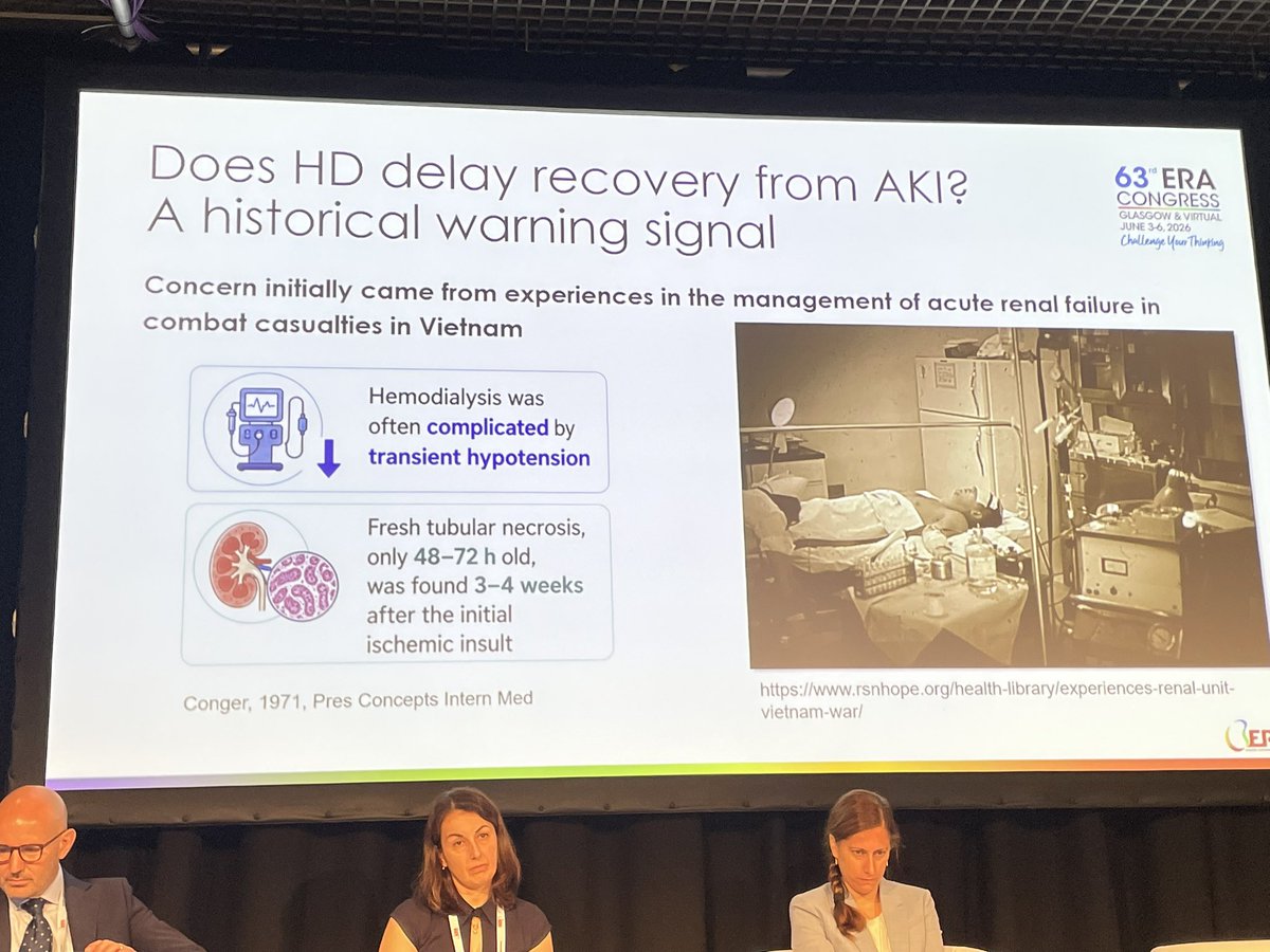 ERAkidney's tweet photo. #ERA26 @ERAKidney 

CME5 Acute Kidney Injury
🗣️ Board: Joana Gameiro, Nicholas Selby

3️⃣Renal Replacement Therapy: Is less more?
🗣️Speaker: Turgay Saritas

🧵1/7 Recovery trajectories after AKI. 

📍 Does HD delay recovery from AKI?

📍Renal hypoperfusion during HD: correlated with myocardial stunning (83% of patients)