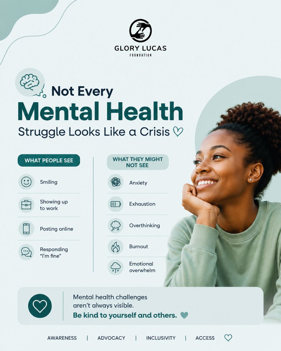Glorylucasfound's tweet photo. Not every mental health struggle looks like a crisis. 💚

Someone can be smiling, showing up, and saying “I’m fine” while battling anxiety, burnout, or emotional overwhelm.

Be kind. Mental health challenges aren’t always visible.

#MentalHealthAwareness #MentalHealthMatters #GLF https://t.co/JKUZGXrM5b
