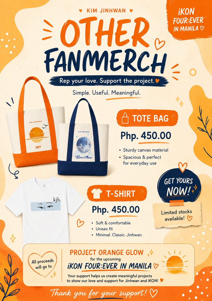 940207com's tweet photo. 🍊 Support Project Orange Glow with our fanmerch!

🛍️ Tote Bags - ₱450
👕 T-Shirts - ₱450

🔗https://t.co/UMLm8QoZXw

Every purchase helps fund our projects for iKON: FOUR-EVER in Manila. DM to order! 🧡

#iKON #JINHWAN https://t.co/3Cpl5UEC0V