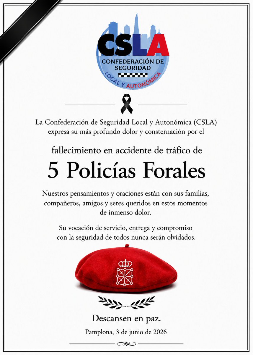 CSLA_Esp's tweet photo. Hoy nos encontramos consternados por el fallecimiento de 5 compañeros de la @policiaforal_na en accidente de tráfico. https://t.co/gIXbiLR6Wx