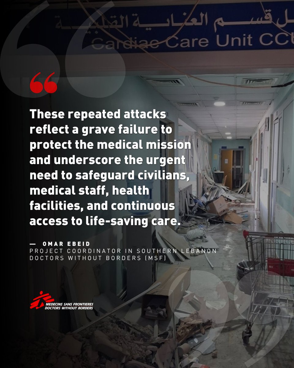 MSF_APAC's tweet photo. MSF condemns the airstrike near Jabal Amel Hospital, which we support, in Sour (Tyre) on 1 June.

According to the Ministry of Public Health, the attack has resulted in 4 deaths &amp; 127 injuries, incl 39 hospital staff. Among the injured staff, four are in critical condition. https://t.co/YksWALp2f5