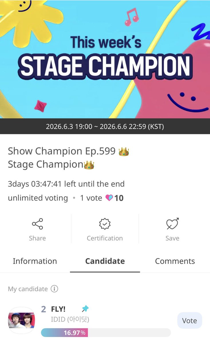 IDIDSQUAD's tweet photo. [🗳️] IDOL CHAMP | STAGE CHAMPION #IDID_VOTE

Let's vote for IDID as this week's Stage Champion to give them a physical trophy! We've only 3 days to vote!

⏰ Until June 6 10:59PM KST
10 🩵🩷 = 1 Vote
Unlimited Voting
🔗 https://t.co/475wNJGeUF

#IDID #아이딧 #FLY
@IDID_starship https://t.co/vYBigwlS9l