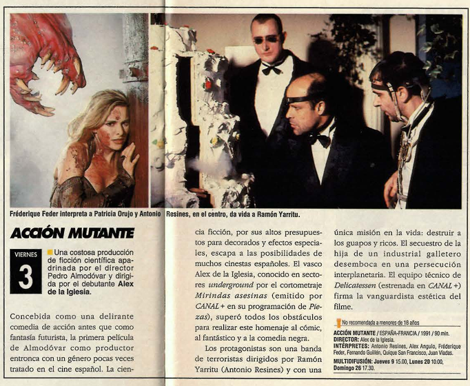gencanalplus's tweet photo. "Haz como Johnny y coge el fusil, mataremos guaperas con o sin ti"

"Acción Mutante" de Alex de la Iglesia en Canal Plus tal día como hoy de hace 32 añitos. https://t.co/57CzonnpyI