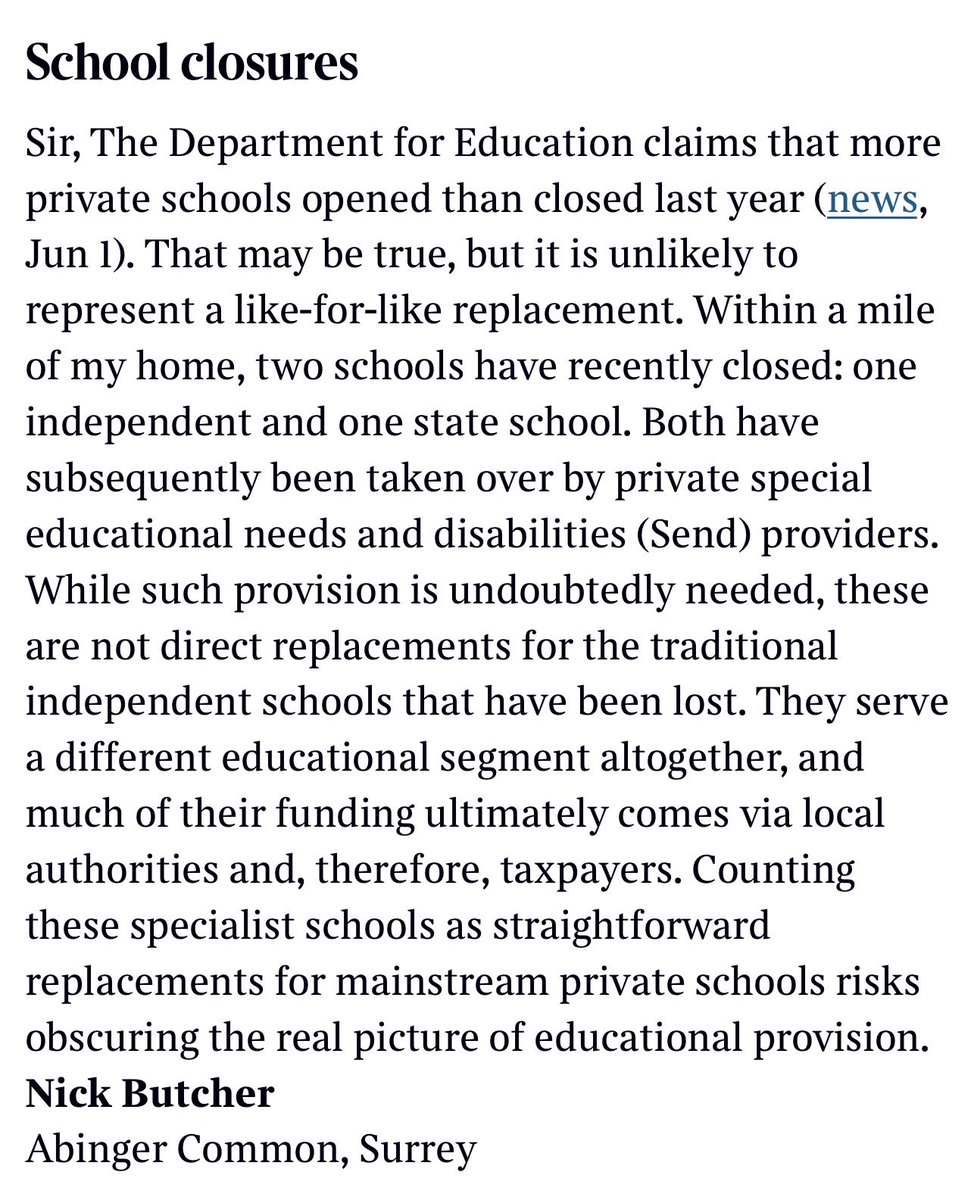 drdavidajames's tweet photo. A good letter in today's Times to counter the argument that more schools are opening than closing. https://t.co/LpOChkdw4z