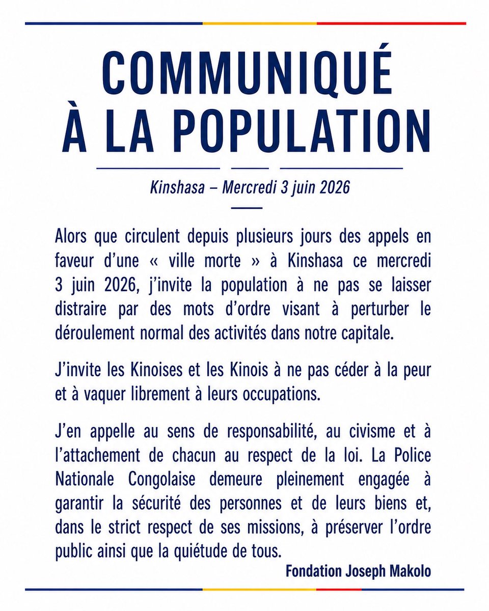 jm_fondation's tweet photo. Communiqué à la population
 
#Kinshasa #RDC
#Congo #FondationJosephMakolo
@josephmakolo01 #Sécurité
#VilleMorte https://t.co/tyF5KkFNaX