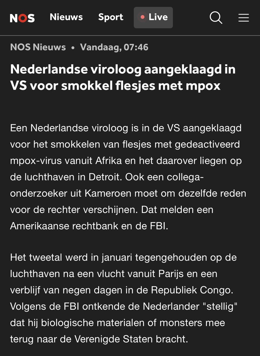 Denachtzuster1's tweet photo. 3/6/26 - FBI ‘dwingt’ NOS tot verslag van virus-smokkel voormalig @ErasmusMC-wetenschapper

Vincent Munster, een telg uit de controversiële en beruchte “Osterhaus-school”, is afgelopen nacht in staat van beschuldiging gesteld i.v.m het smokkelen van het apenpokken virus. Als Munster schuldig wordt bevonden, hangt hem een zware gevangenisstraf boven het hoofd.​​​​​​​​​​​​​​​​​​​​​​​​​​​​​​​​​​​​​​​​​​​​​​​​​​ 

Munster werd betrapt op 25 januari 2026 op Detroit Metropolitan Airport in Michigan betrapt. De met belastinggeld gefinancierde staatszender @NOS wist deze feiten bijna een half jaar buiten het publieke bewustzijn te houden. https://t.co/wbhefweQXF