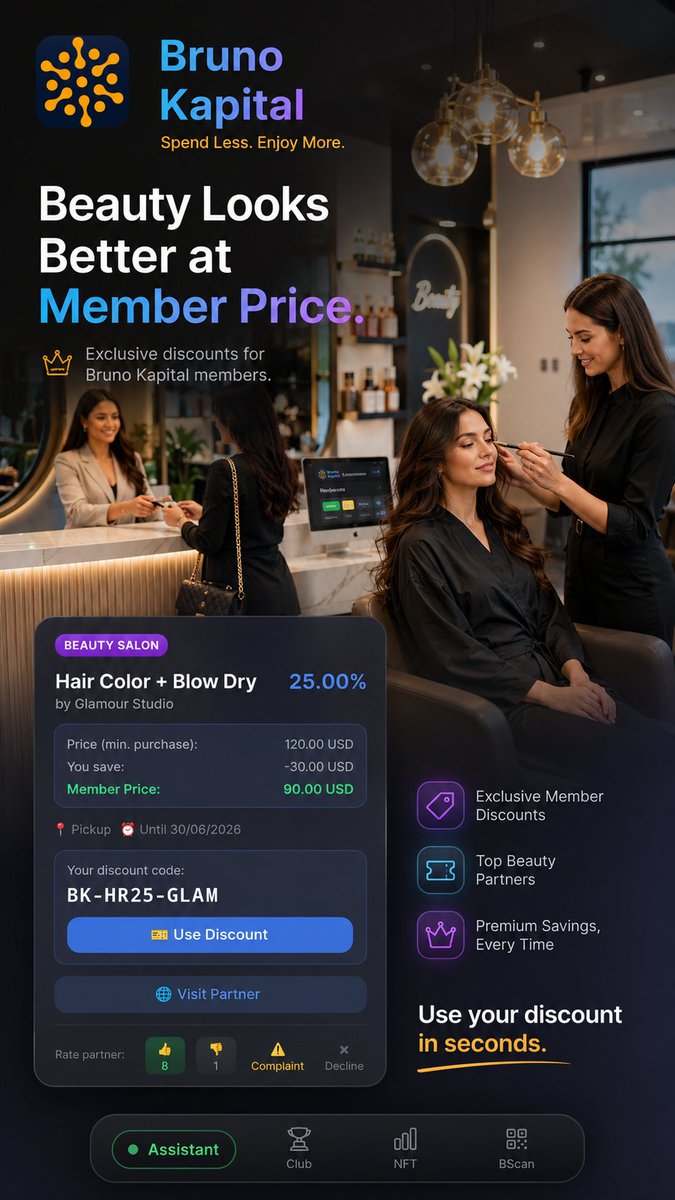 BCbrunokapital's tweet photo. Most discounts disappear after one sale.

Bruno Token makes them work harder.

Club Avalanche members get access to partner discounts inside the app.
Businesses can publish member-only offers and bring customers into a simple QR-based flow.
Activated members can also receive BRTC bonuses as added value.
BRTC supply is fixed at 21,000,000.
https://t.co/5A27wELK6J

Telegram: https://t.co/SaagIATtJ5
Discord: https://t.co/wpH2CdfDRu