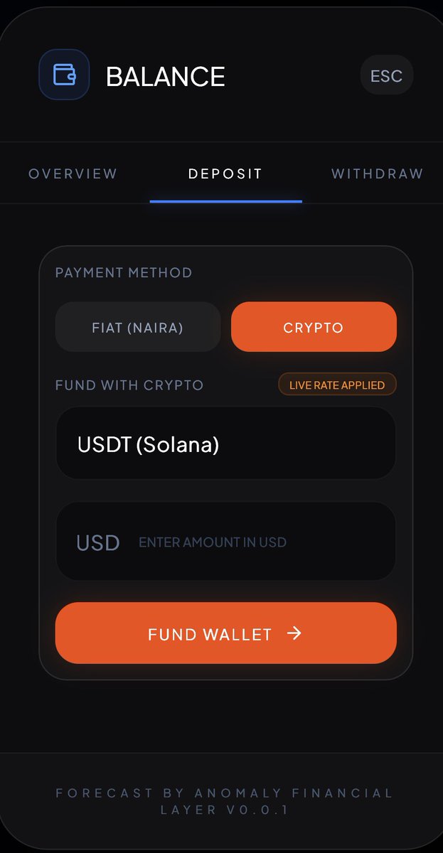 Anomaly_HQ's tweet photo. We’ve been able integrate USDT on @solana to simplify the deposit and withdrawal process.

We would be rolling out an update in the next few days so users can deposit as low as $0.5 Usdt(Sol) and solana itself

@SuperteamNG https://t.co/Q4xGp9ZmBk