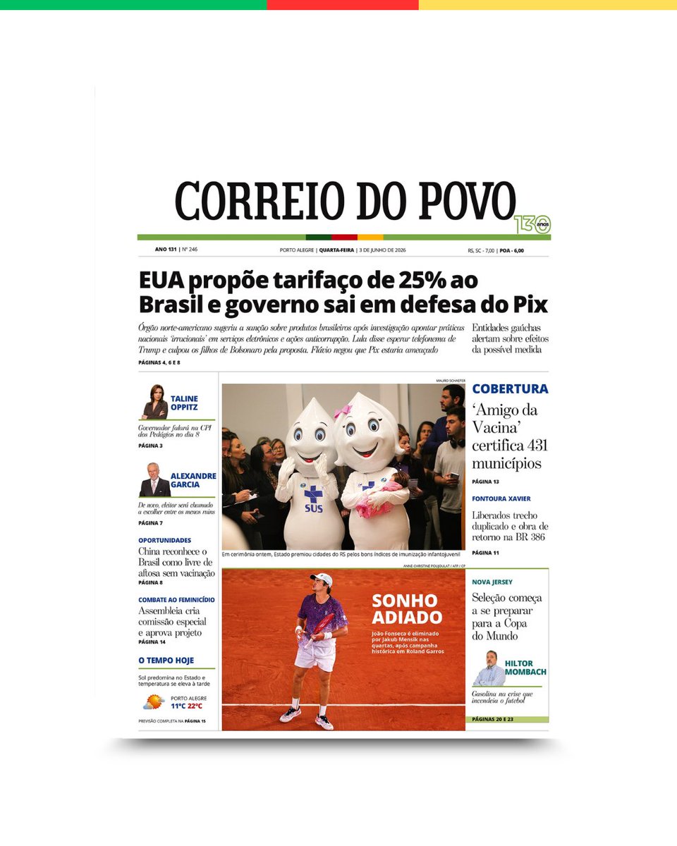correio_dopovo's tweet photo. Bom dia! Esta é a capa do Correio do Povo desta quarta-feira (03) . A edição está disponível para assinantes do impresso e nas nossas plataformas digitais. https://t.co/ufRutSq0Zw