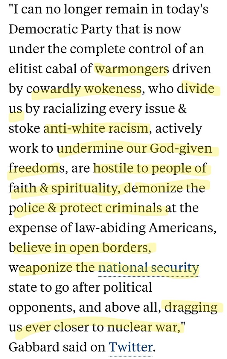 named_Karen's tweet photo. @DreamSans18599 @John_F_kJr You do know Gabbard was a Democrat for two decades &amp; independent for 2 years before becoming Republicans right? She represents all Americans.

Tulsi Gabbard announces she is leaving Democratic Party, calling it an 'elitist cabal of warmongers' - ABC News https://t.co/QxAZXssngM https://t.co/hdF72bRelm