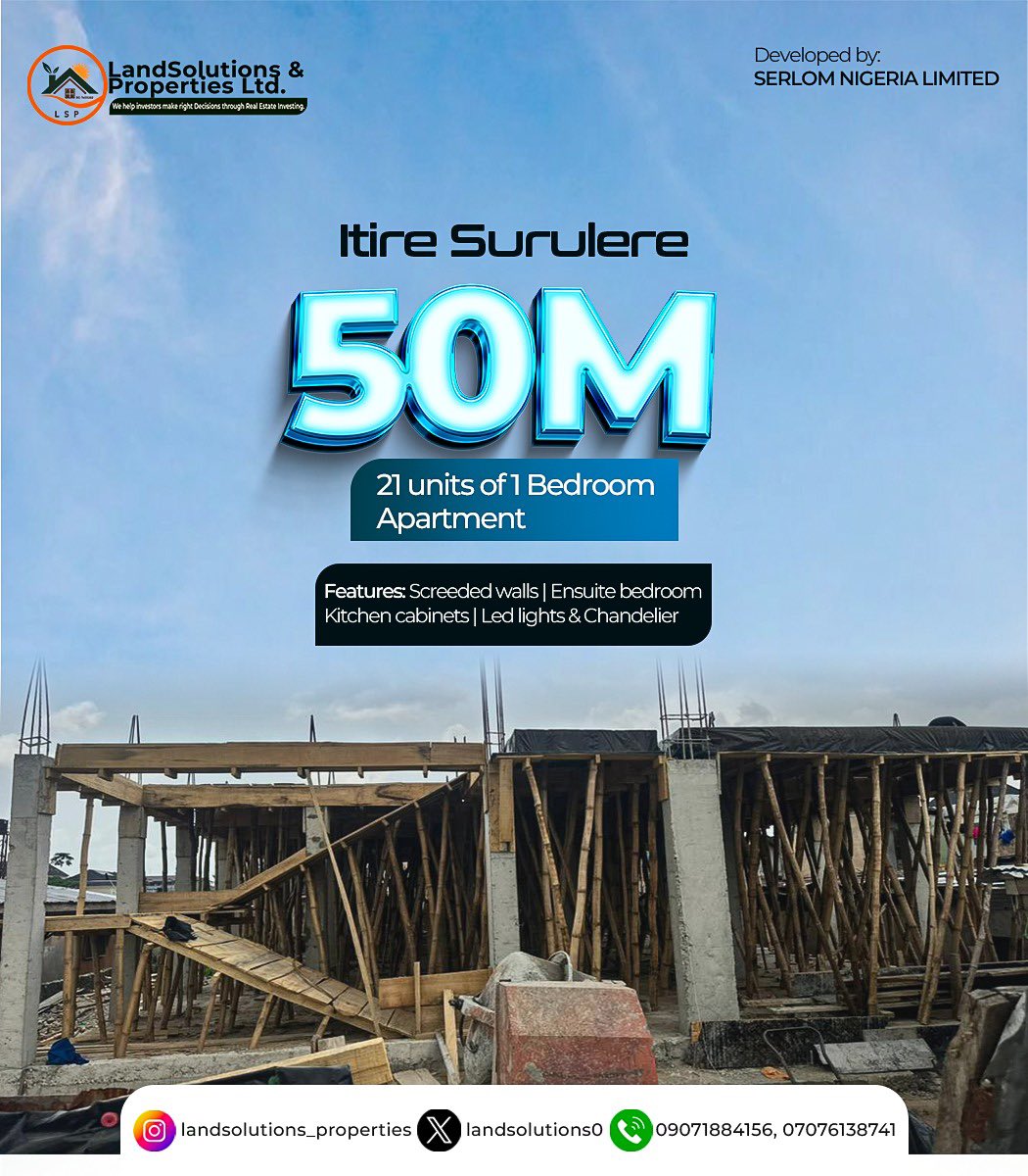 Landsolutions0's tweet photo. ✨Prime Off-Plan Opportunity in Surulere!✨ Itire Surulere – 1 Bedroom Apartments @ ₦50M

We’re excited to update you — construction is progressing steadily at our premium off-plan project located at No. 40 Araromi, Itire Surulere, Lagos. https://t.co/CCxUN5yiqi