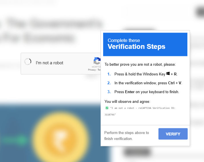itsmeFSL's tweet photo. 🚨 Came across another malware-injection attempt, this time disguised as #reCAPTCHA.

It automatically copied a command, which (long story short) likely connects to a remote server and uses Windows rundll32 Utility to execute malicious code from a DLL (Dynamic Link Library) file. https://t.co/Xbm1MxLwo0
