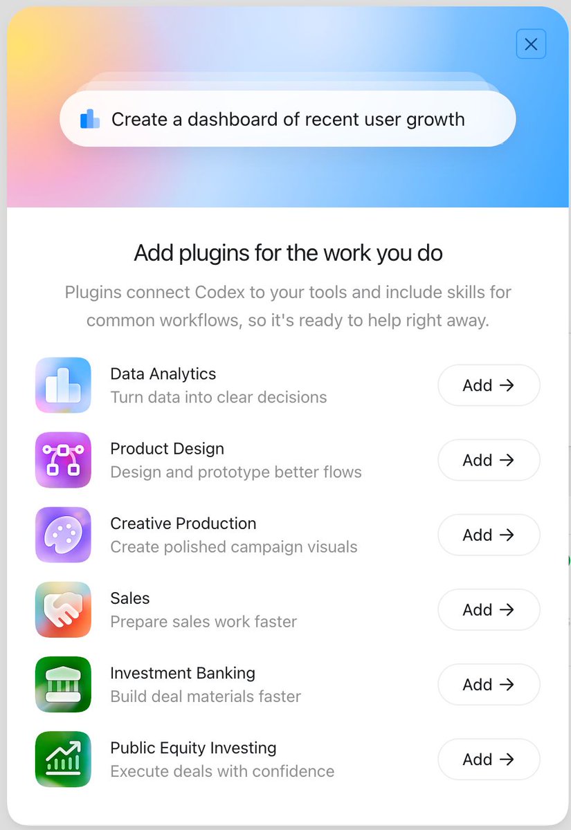 harryworld's tweet photo. The plugin system in Codex has become more sophisticated
First party support on a selection of connections and skills. These save a lot of setup time, and you can still customize as needed. https://t.co/jqmTSSpYgX